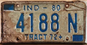 Vintage 1980 Indiana TRACT 72+ License Plate 4188 N Expired - Picture 1 of 2