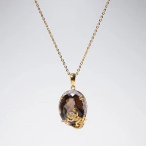 Gold Vermeil Smokey Topaz Gecko Lizard Oval Pendant Necklace SF China 925 - Picture 1 of 7