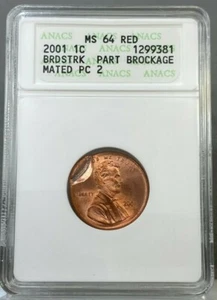2001 1c Lincoln Broadstruck Part Brockage Mated ANACS MS64 Red ~ MINT ERROR  - Picture 1 of 4
