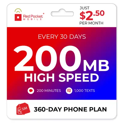 $2.50/Mo Red Pocket Prepaid Plan: 200 Talk 1000 Text 200MB • 40.47$