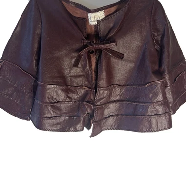 Vtg Burgundy Red Suede Soft Leather Women Tie Cropped Jacket Unique Biker Motto - Image 1 of 4