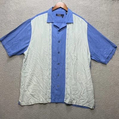 NAT NAST Shirt Mens XL Blue Cream Silk Bowling Style Button Up Embroidered Trim - Image 1 of 4