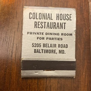 Vtg Colonial House Restaurant Matchbook Belair Rd Baltimore MD Maryland Matches - Picture 1 of 4