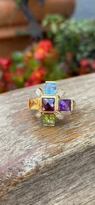 14k Gold Multi Gemstone Diamond Ring Topaz Amethyst Garnet Peridot Citrine - Picture 1 of 12