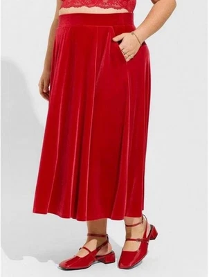 Torrid Skirt 2X Red Velvet Midi Pull On Stretch Christmas Holiday Plus Party - Image 1 of 4