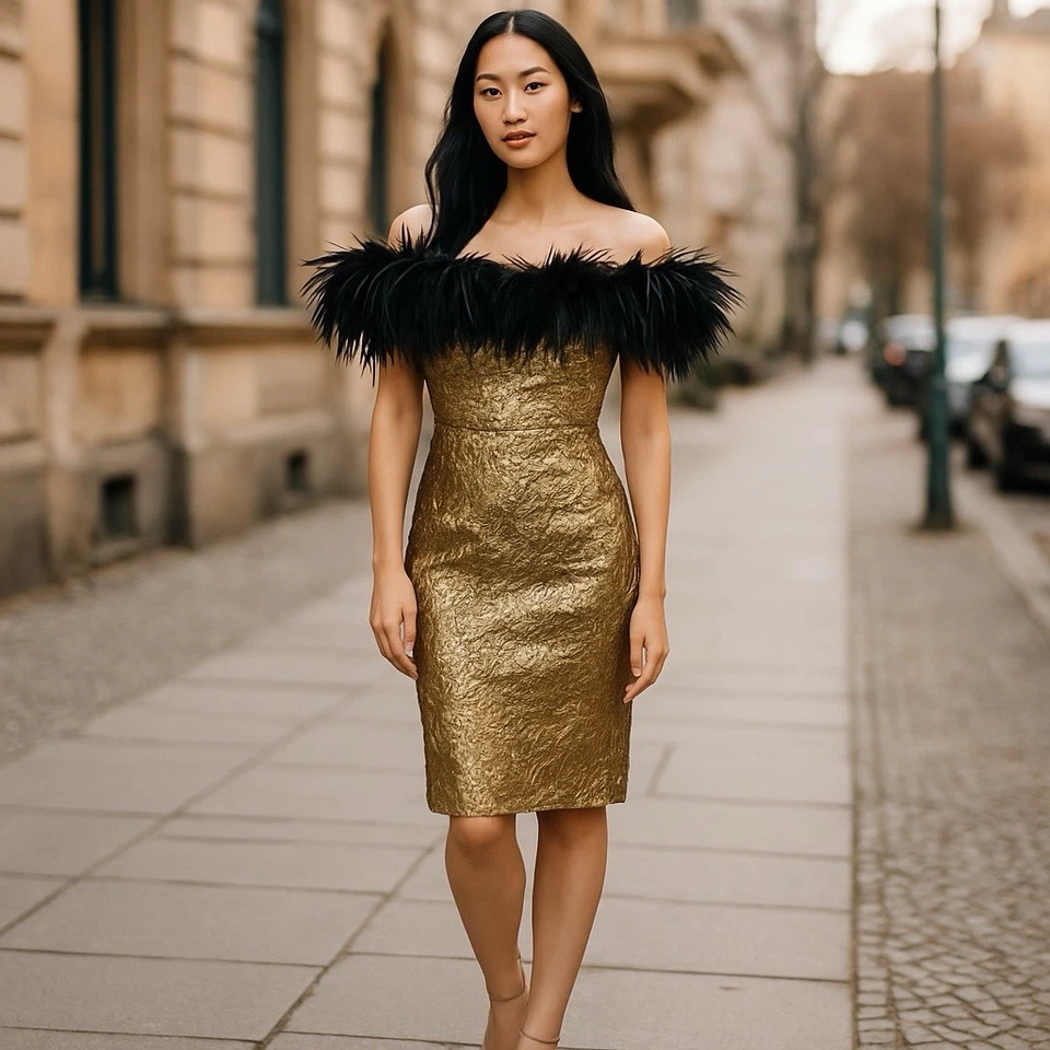 Vestido de Fiesta Vintage Años 80 90 Dave & Johnny 7-8 Dorado Metálico Plumas de Avestruz S/M Foto 1 de 4