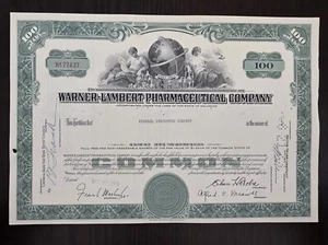 Certificado de 100 acciones Warner-Lambert Pharmaceutical Company 15/10/1962 - Imagen 1 de 2