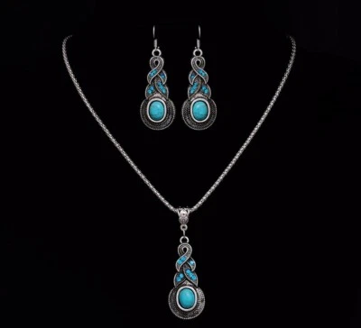 3-Tlg. Damen SCHMUCKSET "TÜRKIS" Collier Halskette Hochzeit Ohrringe NEU EDEL - Bild 1 von 3