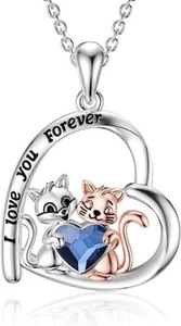 Sterling Silver Cat Heart Pendant Necklace with Crystal Jewelry Gift for Women - Picture 1 of 5