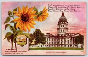 Topeka Kansas~State Capitol~Sunflower~Seal~Poem~c1910 Haffner Williamson PC - Picture 1 of 2