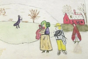 Preciosa pintura antigua de acuarela dibujos animados Homestead familia caminar con fecha 1921 - Imagen 1 de 4