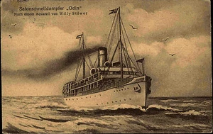 Salón-vapor rápido ODIN según Willy Stöwer con sello de correo de barco 1921 - Imagen 1 de 2