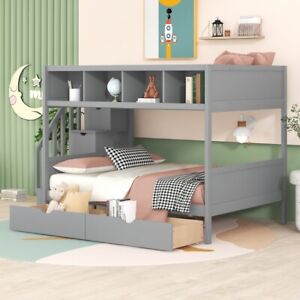 Twin over Full Bunk Bed w/ Storage Staircase and 2 Drawers For Kids Adult