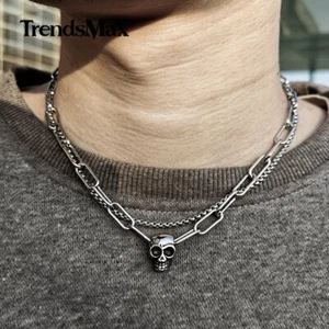 Stainless Steel Layered Box Cable Chain Skull Charm Choker Necklace Toggle Clasp - Picture 1 of 6
