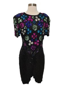 Vintage 90s Fully Sequin Dress Womens Size Medium Black Formal Party Sweelo - Picture 1 of 10