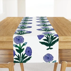 Blue Marigold Block Print Floral Blue Indian Block  Printed Table Runner - Picture 1 of 5
