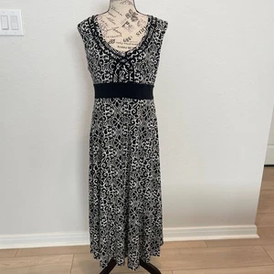 Glamour Damen schwarz weiß Rolldruck Maxikleid Größe 14 ärmellos Gürtel - Bild 1 von 8