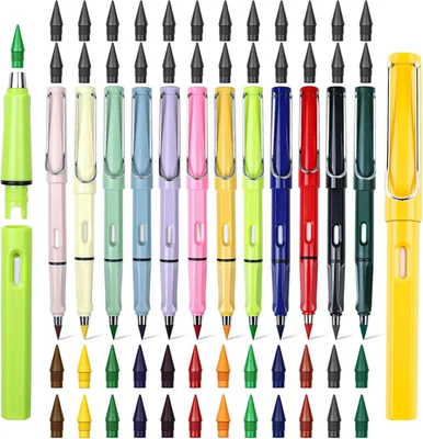 12 Stk Bunte Ewiger Bleistift, Bleistifte Mit 48 Wechselkopfm Und Radiergummi Ti