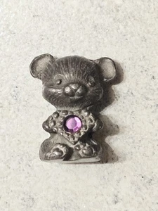 Pewter Teddy Bear With Purple Faux Amethyst Heart Birthstone Mini February - Picture 1 of 3
