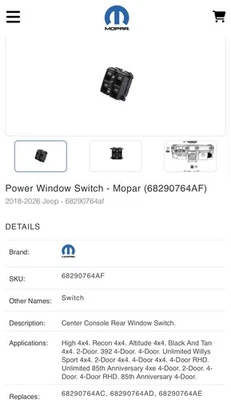 NEW Genuine Mopar 68290764AE Power Window Switch Jeep - Image 1 of 2