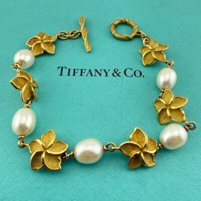RARO De Colección. Pulsera Tiffany & Co. Oro Amarillo 18k Perlas y Plumeria 17g 🌸 Foto 1 de 4