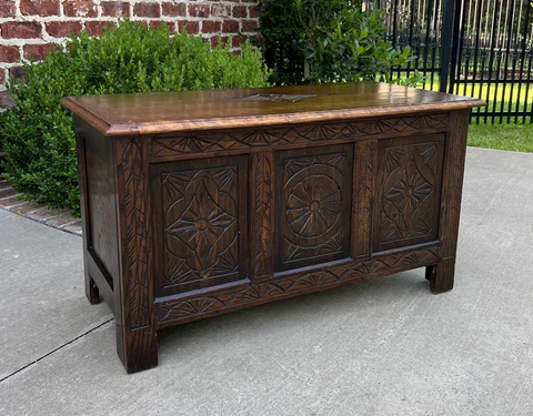 Antique English Blanket Box Chest Trunk Coffee Table Storage Chest Carved Oak Cover