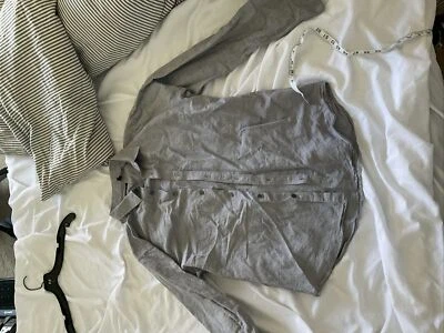 Theory Men’s Large Grey Linen Button Up Shirt Mother of Pear Buttons - Image 1 of 4