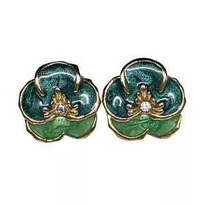 Green Enamel & Gold Flower Stud Earrings With Rhinestone Accents - Picture 1 of 6