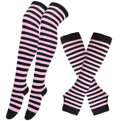 Womens Coloful Striped Stretchy Over the Knee Thigh High Socks Arm Sleeve Set Ḵ - Image 1 of 4