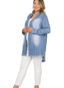 DISTRESSED CHAMBRAY FRAYED HEM LONGLINE SHIRT TOP - ZENANA HI-LOW HEM - Picture 1 of 6