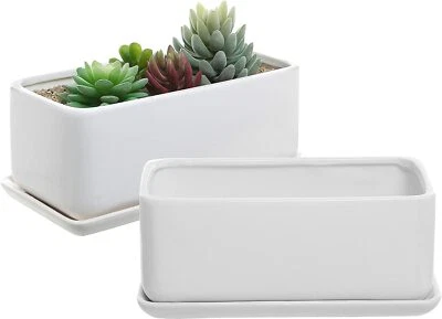 White Ceramic Rectangular Succulent Planter Pot w/ Removable Drip Tray, Set of 2 - Image 1 of 4