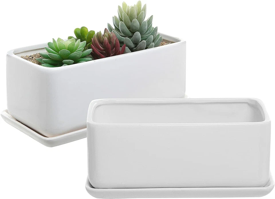 White Ceramic Rectangular Succulent Planter Pot w/ Removable Drip Tray, Set of 2 - Image 1 of 4