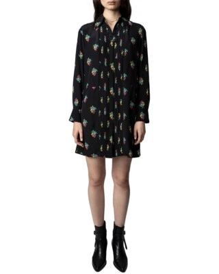 Zadig & Voltaire L Large Rougi CDC Polka Flowers Dress Black Silk Boho $548 - Image 1 of 4