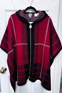 NEW! Anne Klein Hooded Poncho Cape Titian Red Combo Knit Sweater Full Zip Size L - Picture 1 of 21