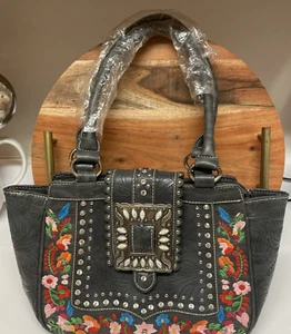 Montana West Conceal Carry Handbag Leather Double Handle Embroidered Studded - Picture 1 of 7