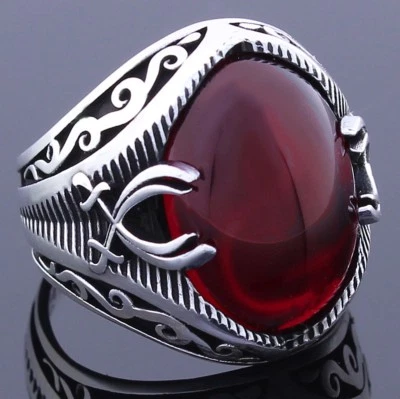 Solid 925 Sterling Silver Sword Oval Simulated Red Stone Men's Ring - Image 1 of 4