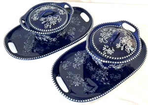 2 Sets Temptations Tara Floral Lace Cobalt Blue Soup & Sandwich Appetizer Plates - Picture 1 of 11