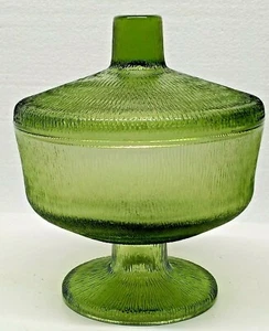 Vtg GREEN GLASS COMPOTE CANDY DISH WITH LID 6" TALL ROUND BASE - Picture 1 of 11