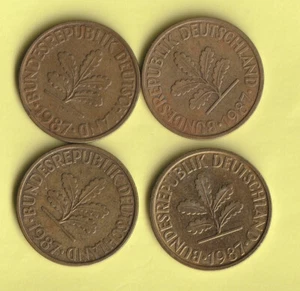 BRD, 4 mal 10 Pfennig Münze, 1987, Prägestätten D, F, G & J, zirkulierte Münzen - Bild 1 von 2