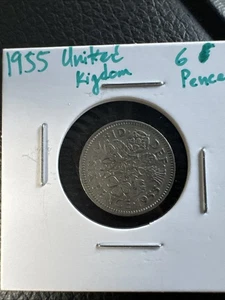 1955 Great Britain 6 Pence - AU. DEI Regina Elizabeth II. No Mag. Tanner. Silver - Picture 1 of 4