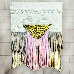 Pier 1 Macrame Woven Tapestry Wall Hanging with Gold Sequin Accents Boho Chunky - Picture 1 of 8