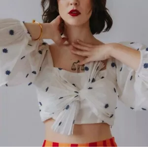 Farm Rio White W/blue Flower-Embroidered Cotton Crop Top Size L - Picture 1 of 11