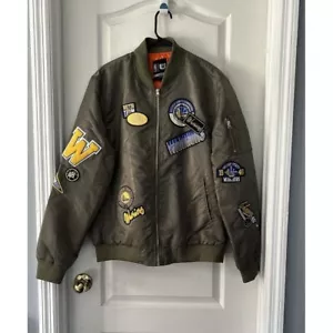 Chaqueta de bombardero NBA Golden State Warriors parches cremallera completa verde oliva grande - Imagen 1 de 20
