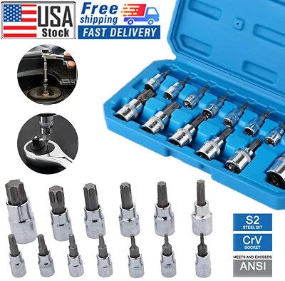 13Pcs Torx Star Female Socket Bit Set 1/2" 3/8" 1/4" Drive T8-T70 with Case New - Image 1 of 4