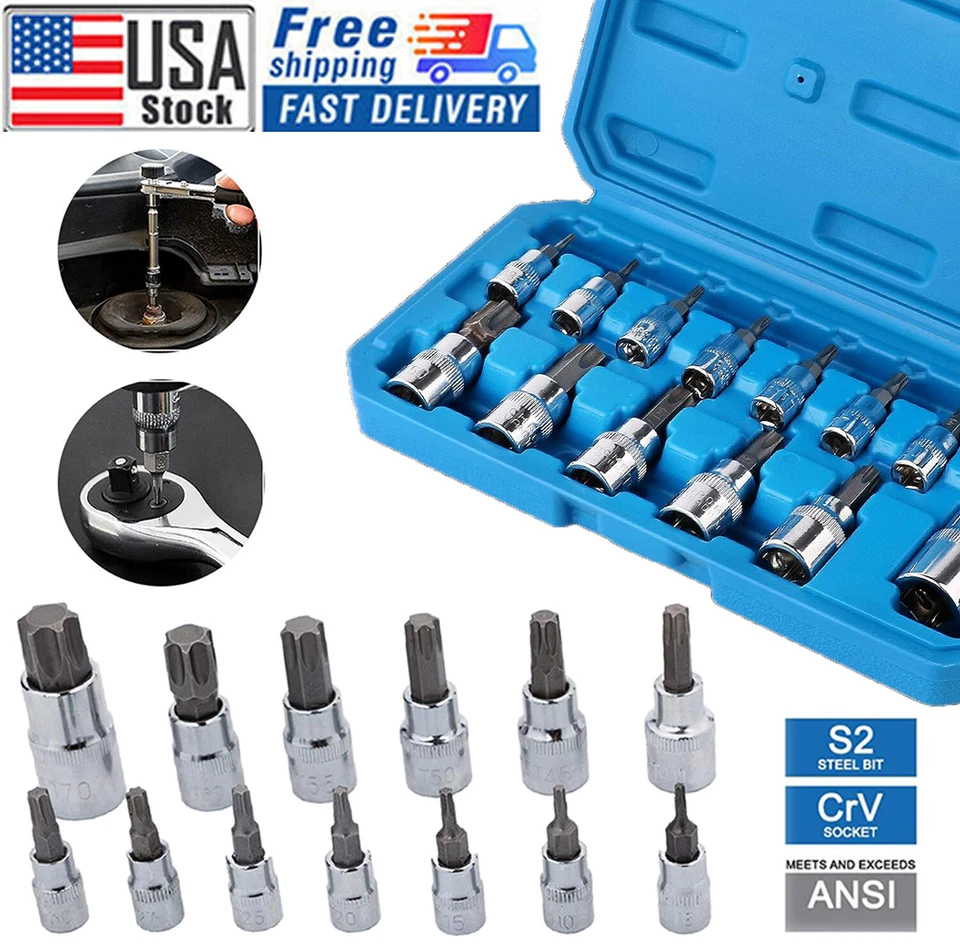 13Pcs Torx Star Female Socket Bit Set 1/2" 3/8" 1/4" Drive T8-T70 with Case New - Image 1 of 4