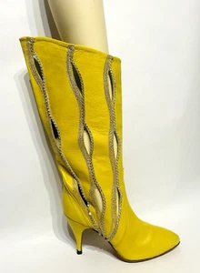 1980's Caporicci Vntg Italian Leather Mustard Yellow Boots w/ Rhinestones Sz 37 - Picture 1 of 24