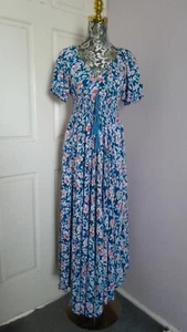 Caroline Morgan Ladies Blue Floral Smocked Waist Puff Sleeve Dress Sz 8 EUC - Foto 1 di 6