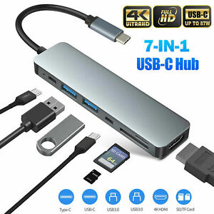 USB C Hub 7-in-1 Type C Adapter 3.0 Thunderbolt 4K HDMI PD SD TF Card Reader Mac
