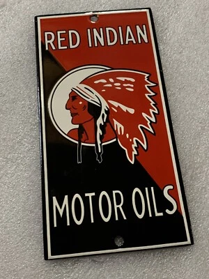 8 Inch Red Indian Gasoline Motor￼ Oil PORCELAIN ENAMEL SIGN Oil Gas - Image 1 of 3