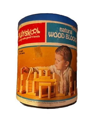 Vintage1974 Playskool Natural Wood Blocks 38 Of 40 Piece Set Original Can Toys - Image 1 of 4
